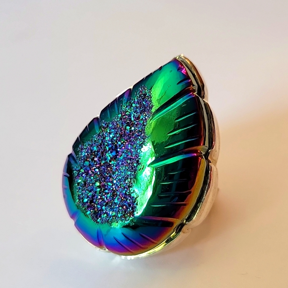 Sajen carved druzy 925 sterling silver ring